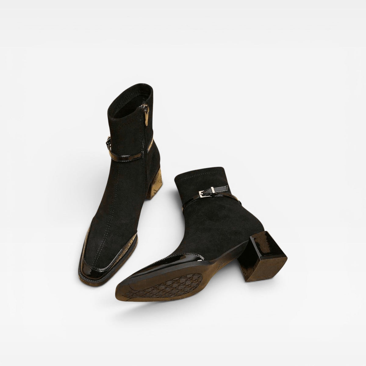 Suede Ankle Boots, Square Toe Patent Trim Block Heel