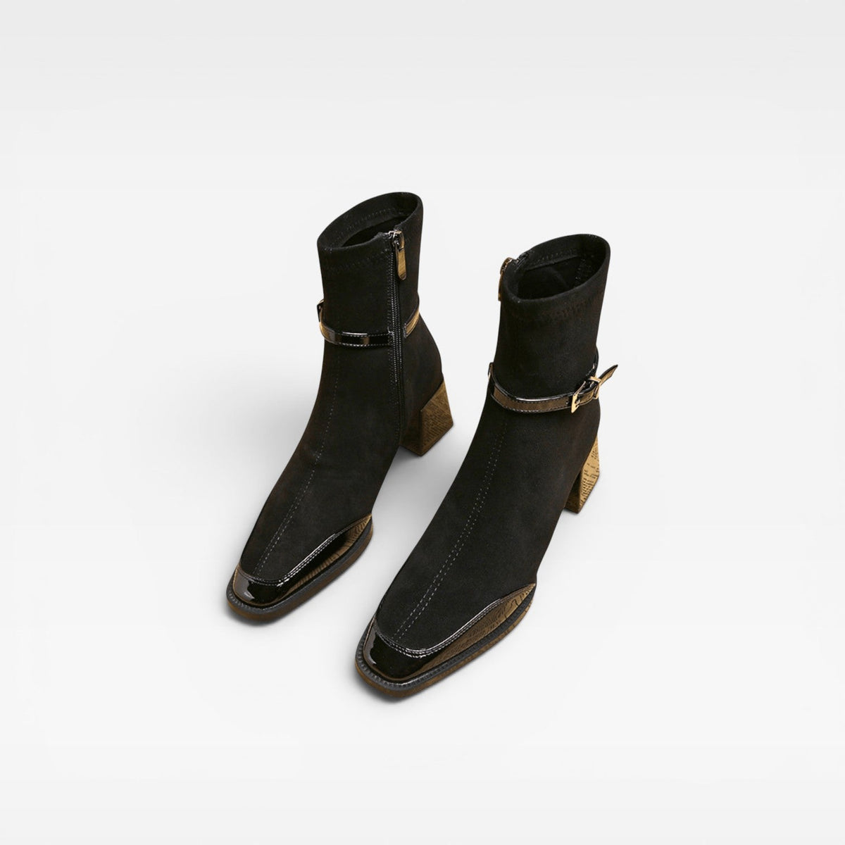 Suede Ankle Boots, Square Toe Patent Trim Block Heel