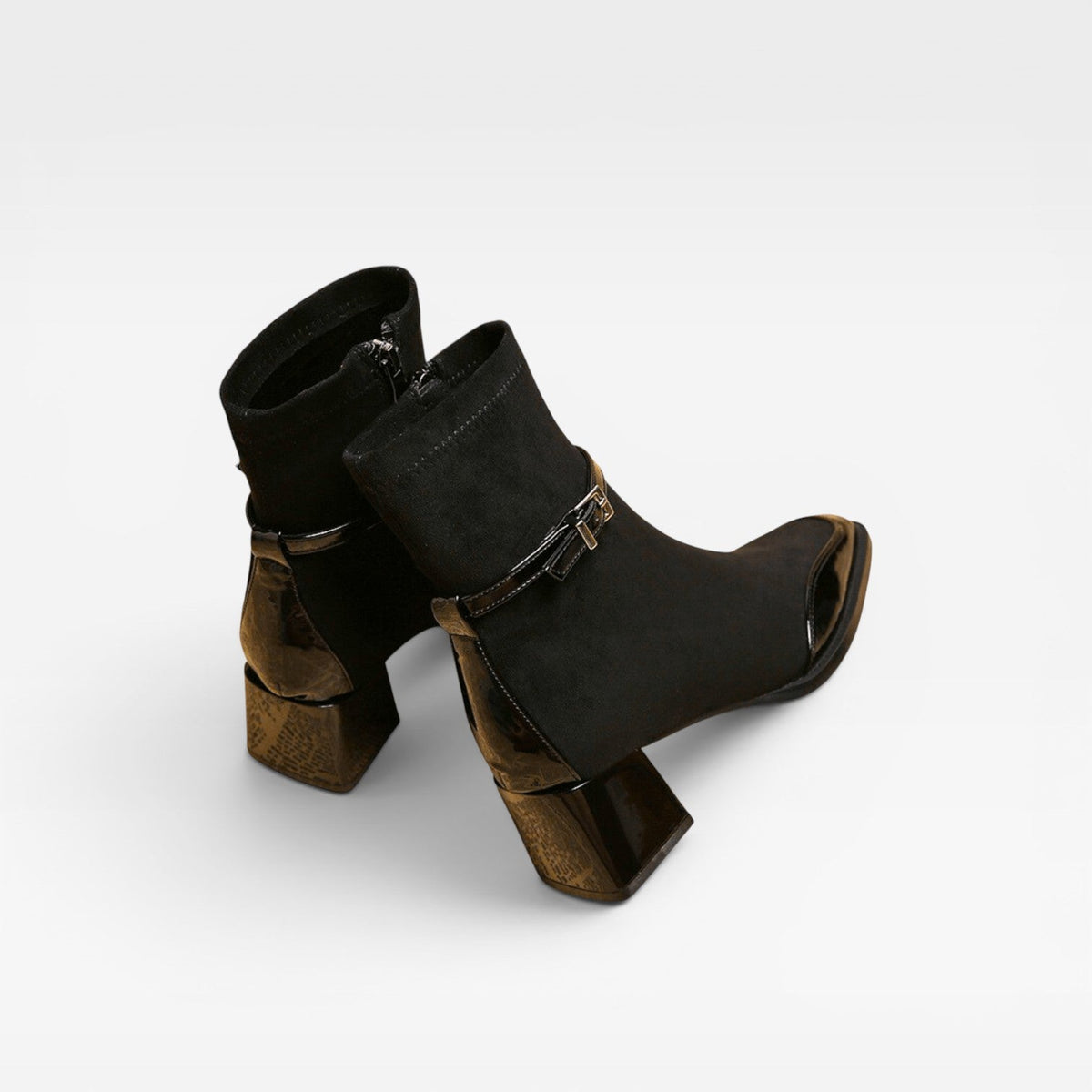 Suede Ankle Boots, Square Toe Patent Trim Block Heel