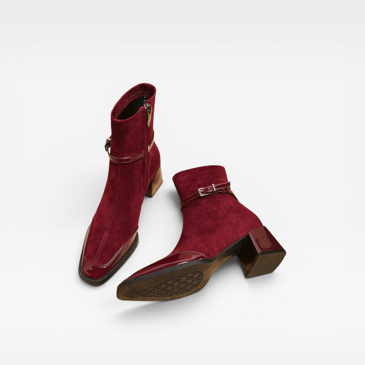 Suede Ankle Boots, Square Toe Patent Trim Block Heel