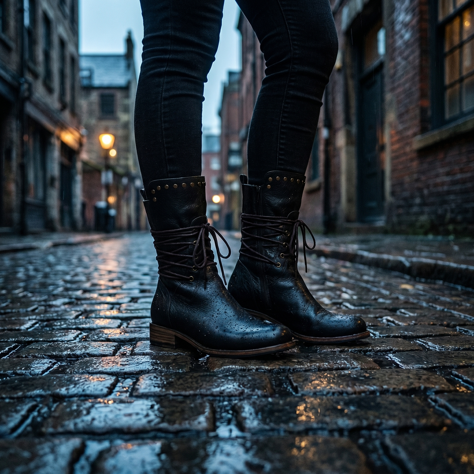 Studded Lace-Up Mid Calf Boots, Low Block Heel Leather