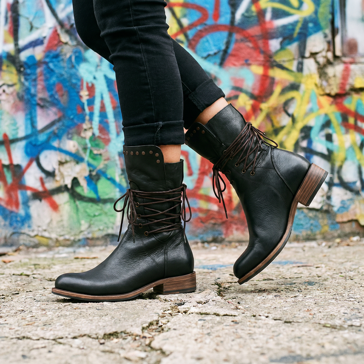 Studded Lace-Up Mid Calf Boots, Low Block Heel Leather
