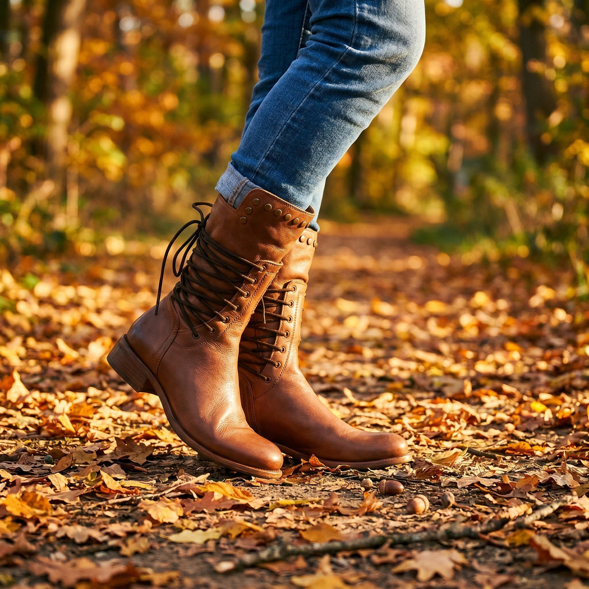 Studded Lace-Up Mid Calf Boots, Low Block Heel Leather