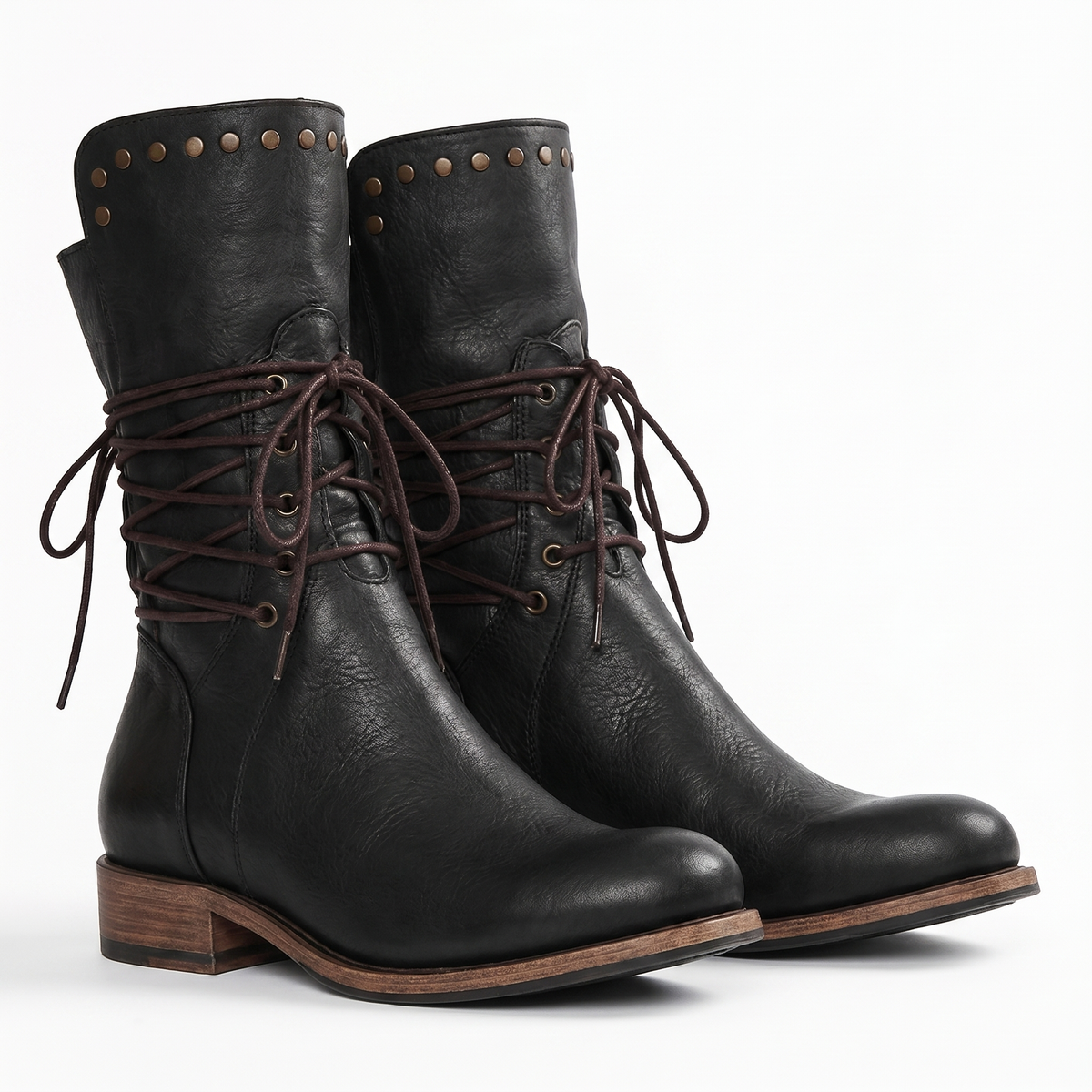 Studded Lace-Up Mid Calf Boots, Low Block Heel Leather