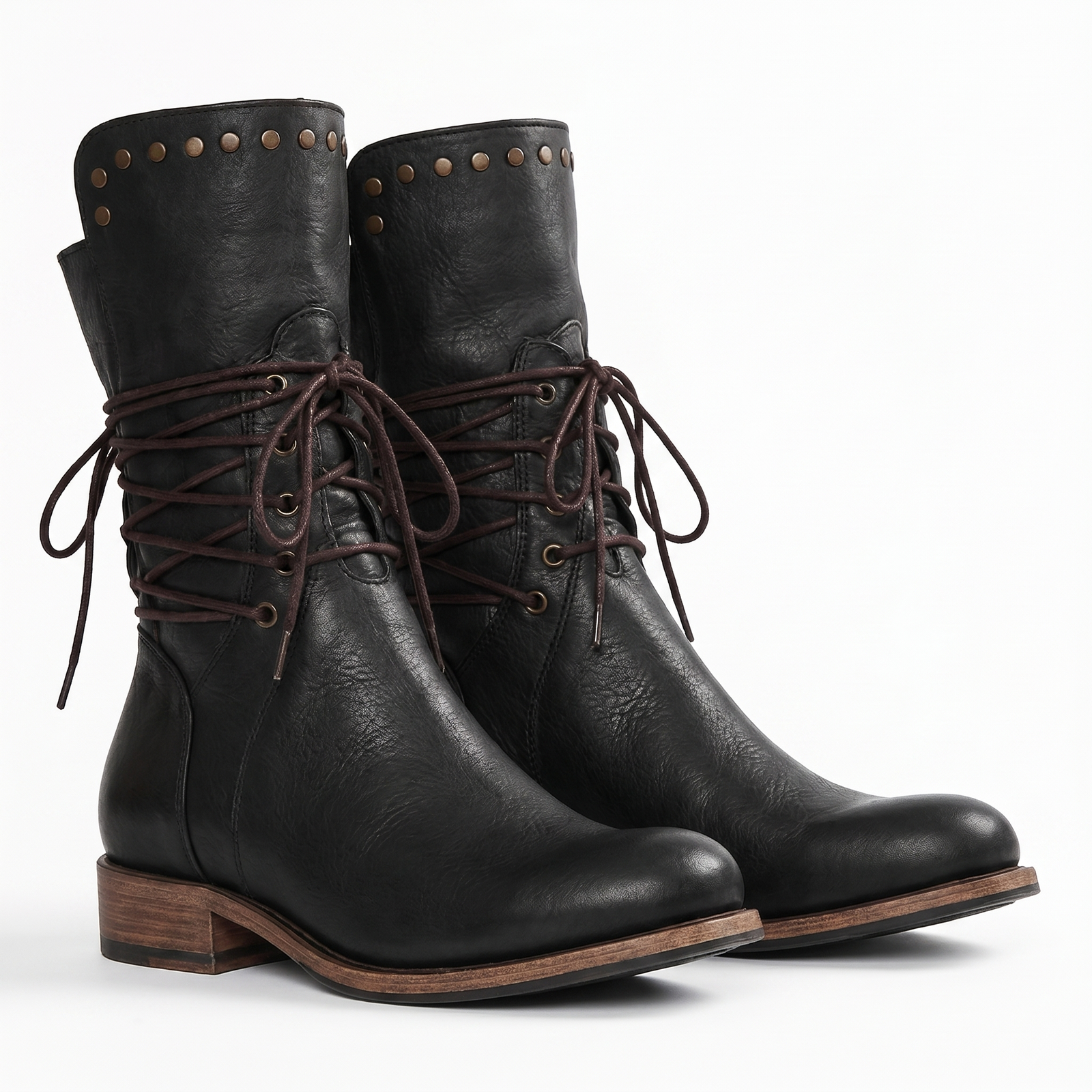 Studded Lace-Up Mid Calf Boots, Low Block Heel Leather