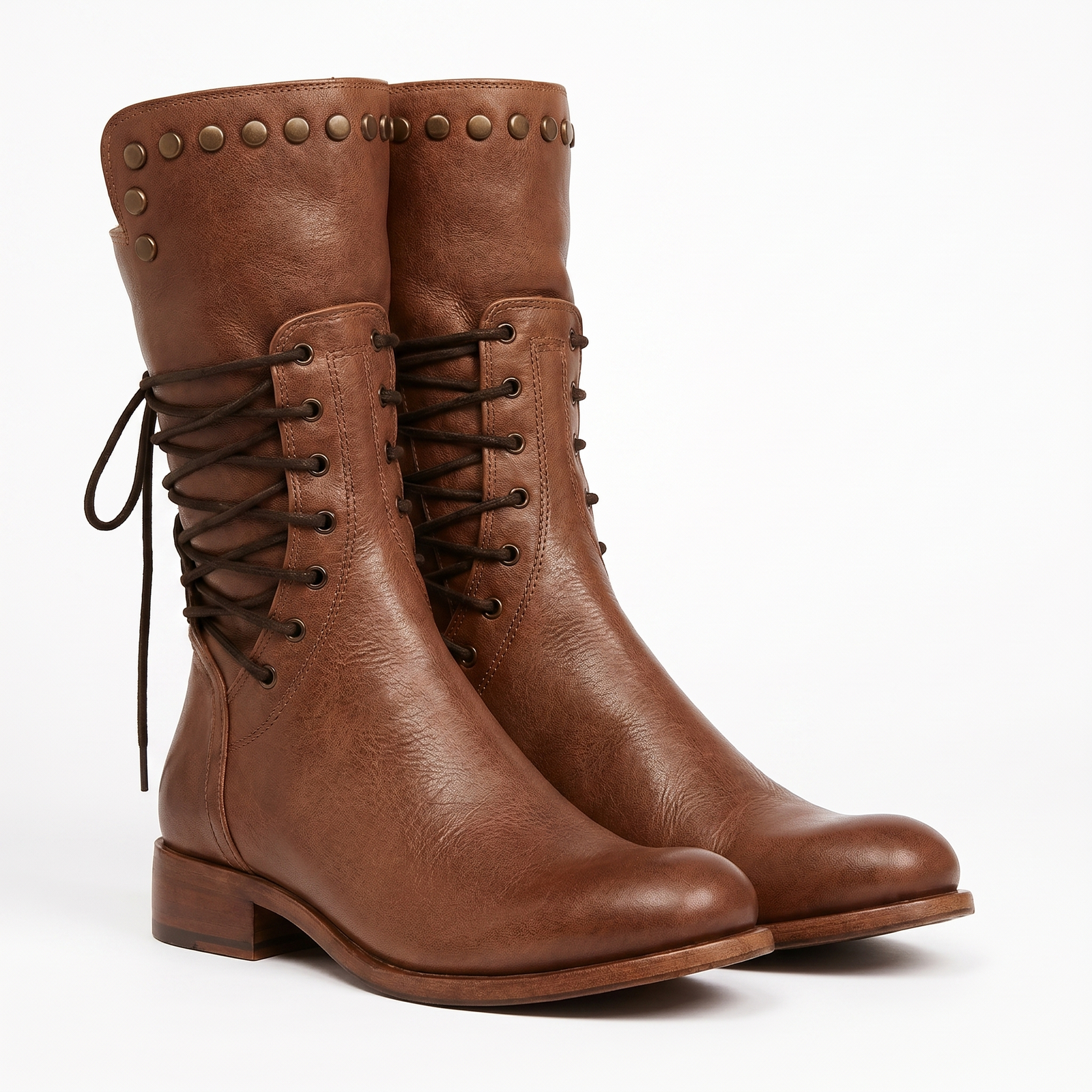 Studded Lace-Up Mid Calf Boots, Low Block Heel Leather