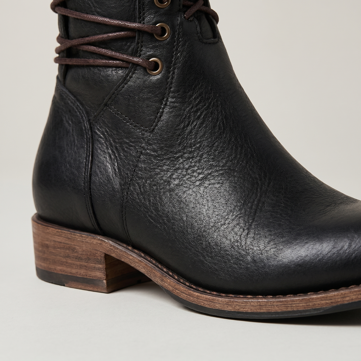 Studded Lace-Up Mid Calf Boots, Low Block Heel Leather
