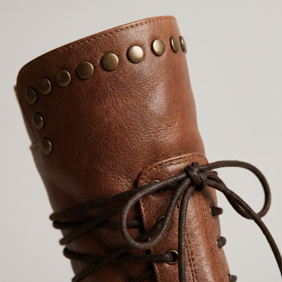 Studded Lace-Up Mid Calf Boots, Low Block Heel Leather