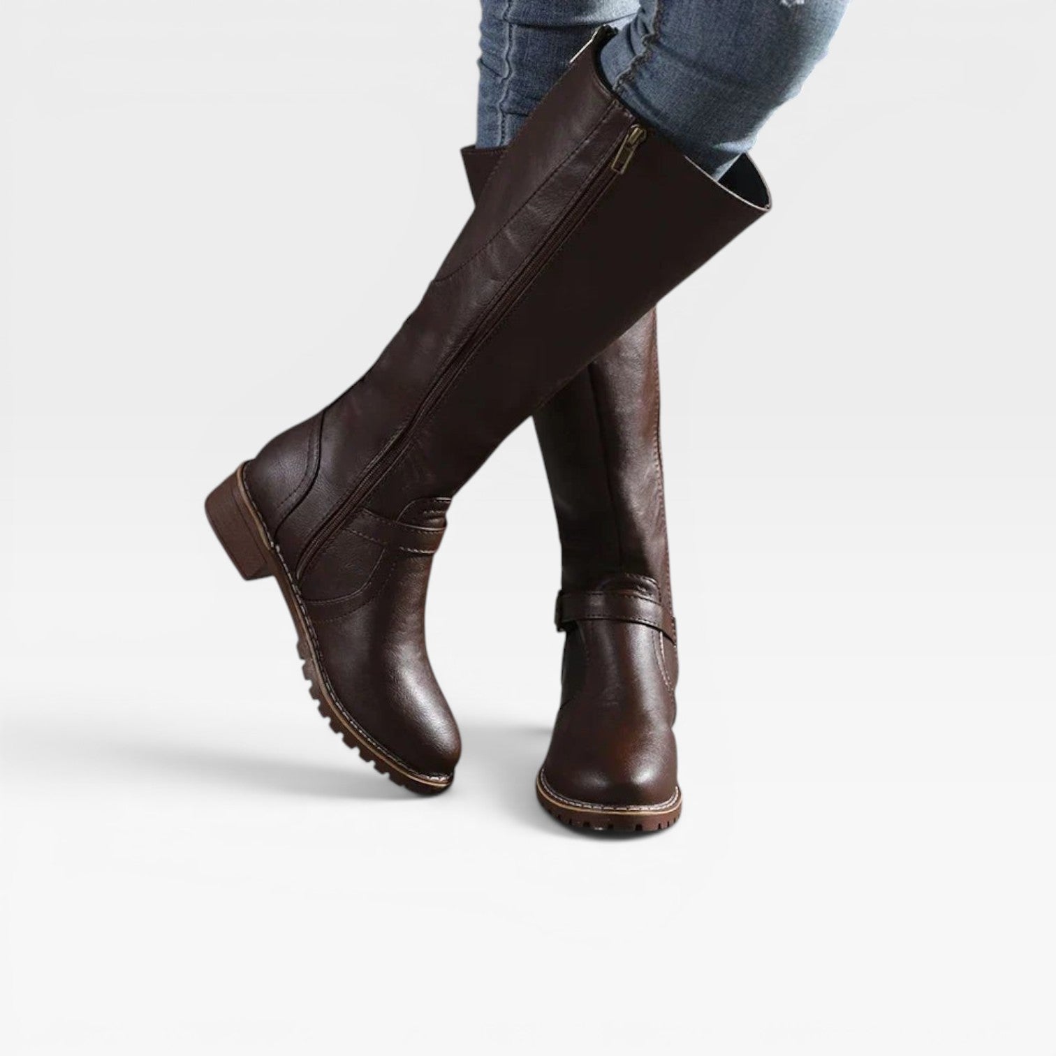 Knee High Leather Boots, Buckle Strap Low Block Heel