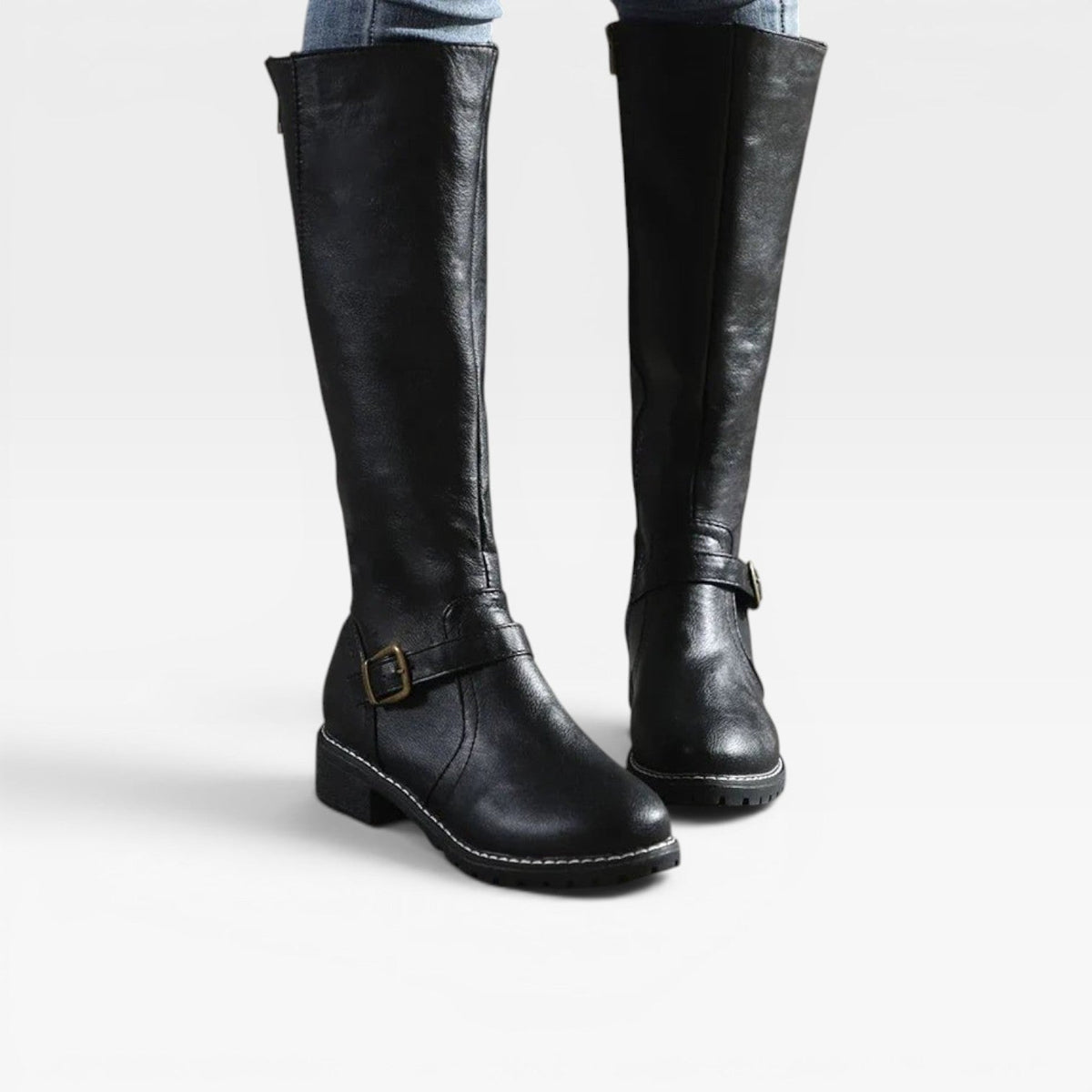 Knee High Leather Boots, Buckle Strap Low Block Heel