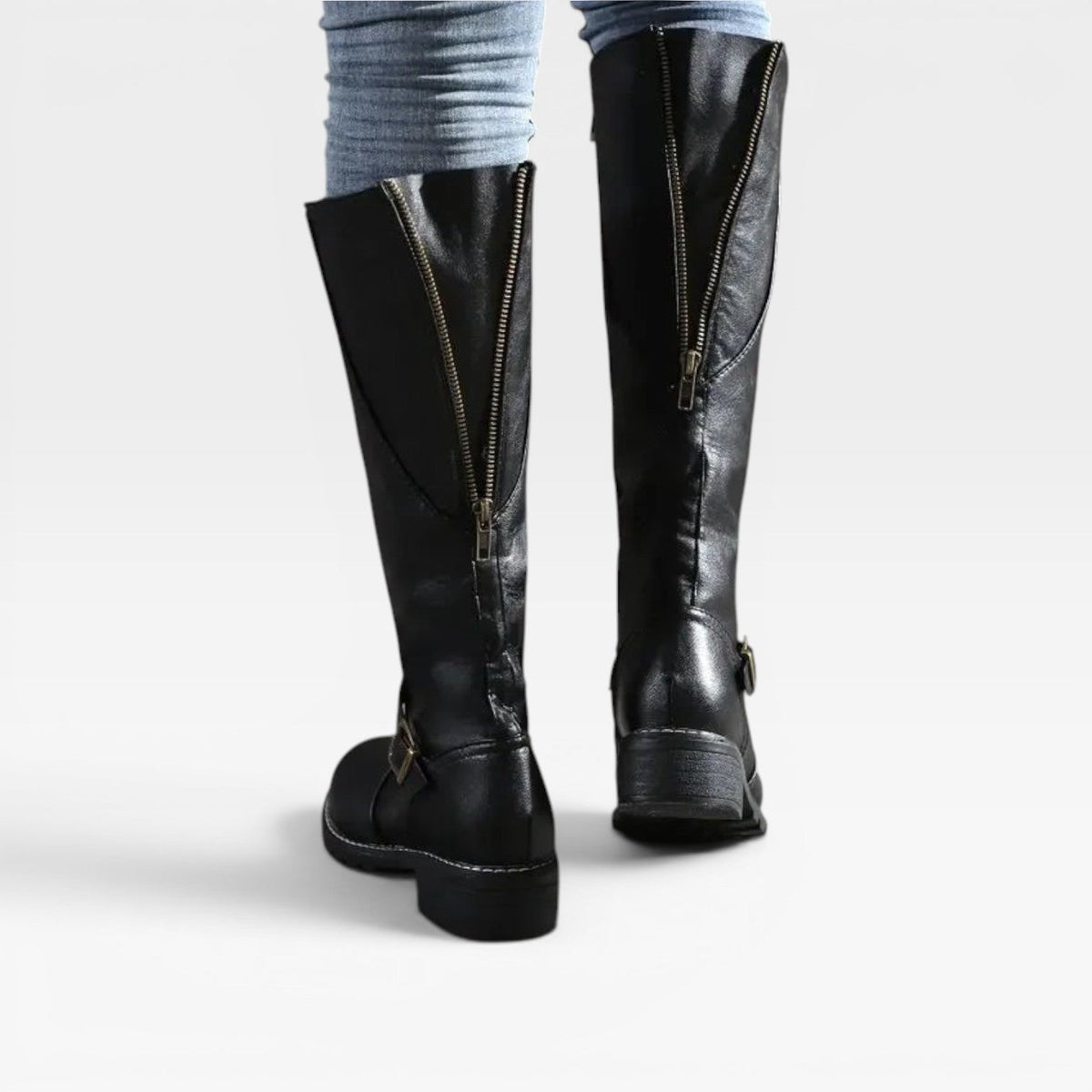 Knee High Leather Boots, Buckle Strap Low Block Heel