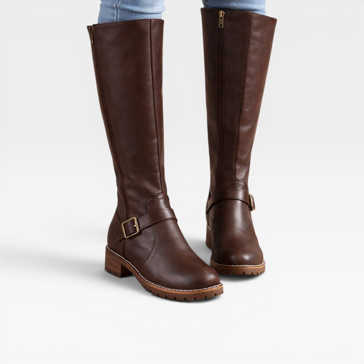 Knee High Leather Boots, Buckle Strap Low Block Heel