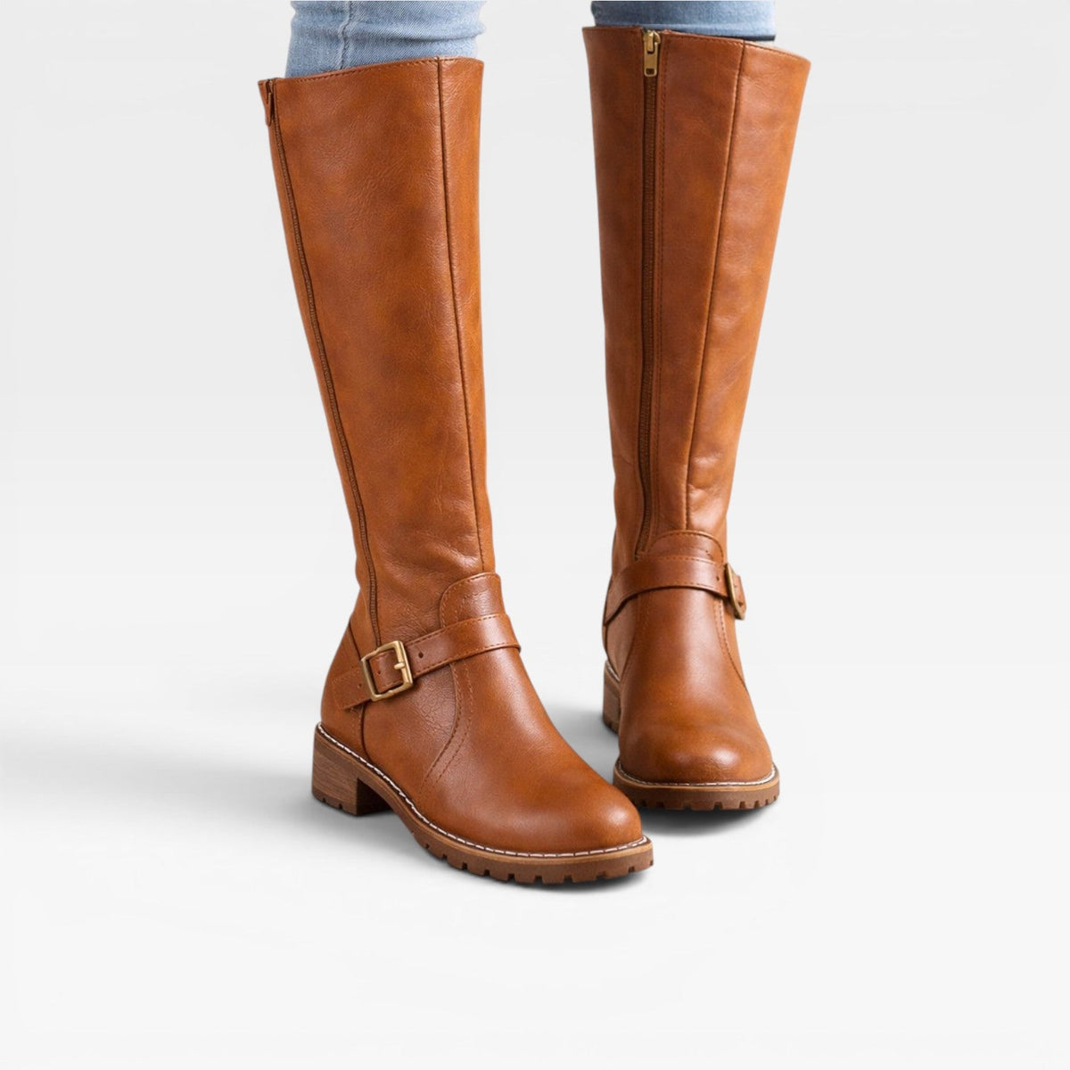 Knee High Leather Boots, Buckle Strap Low Block Heel